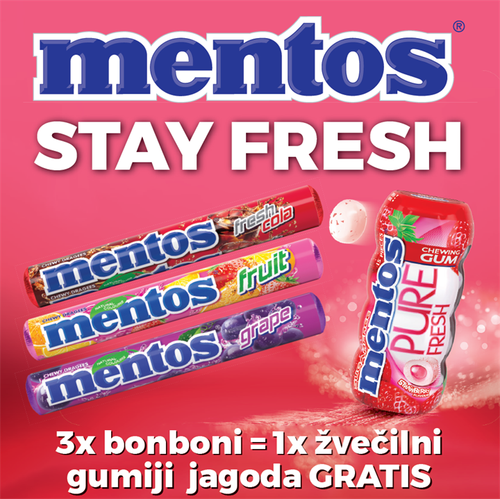 3x izdelek Mentos = 1x žvečilni gumiji jagoda GRATIS